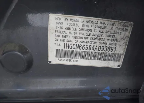 2004 Honda Accord 3.0 Ex from USA, damaged, VIN 1HGCM66594A093691